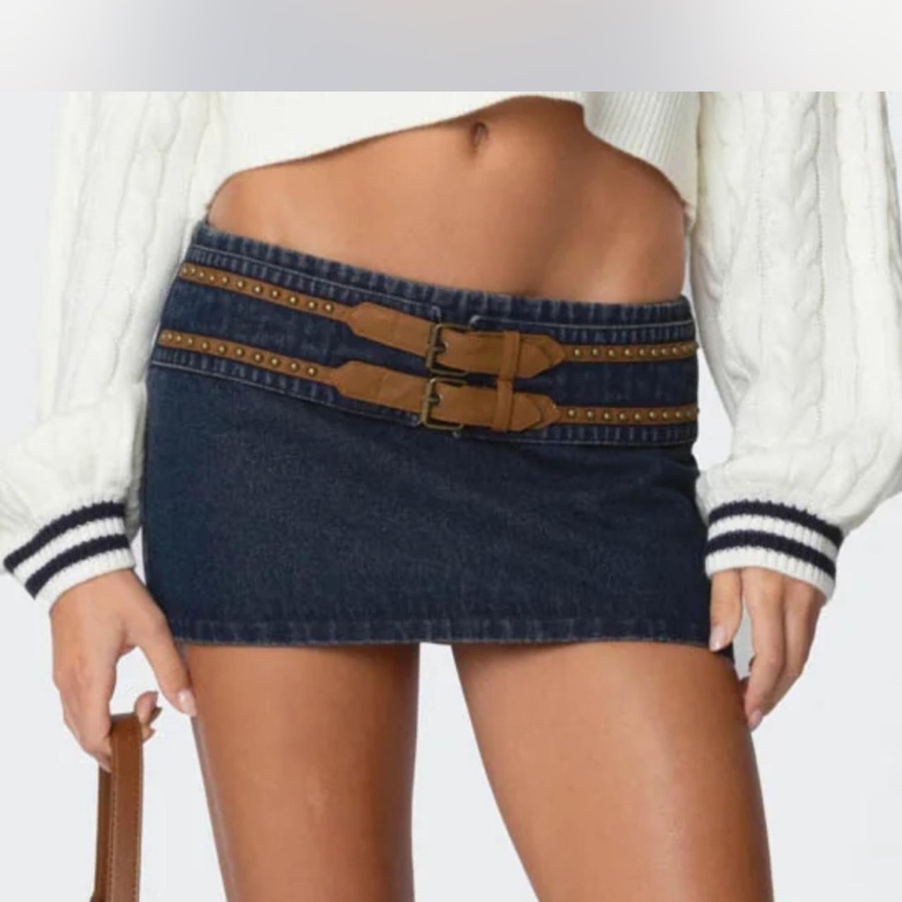 Edikted Dark Blue Denim Skirt with Brown Belt Accents